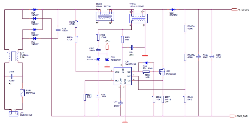 圖1：基於FAN6961的帶整流和EMI濾波功能的電路圖
