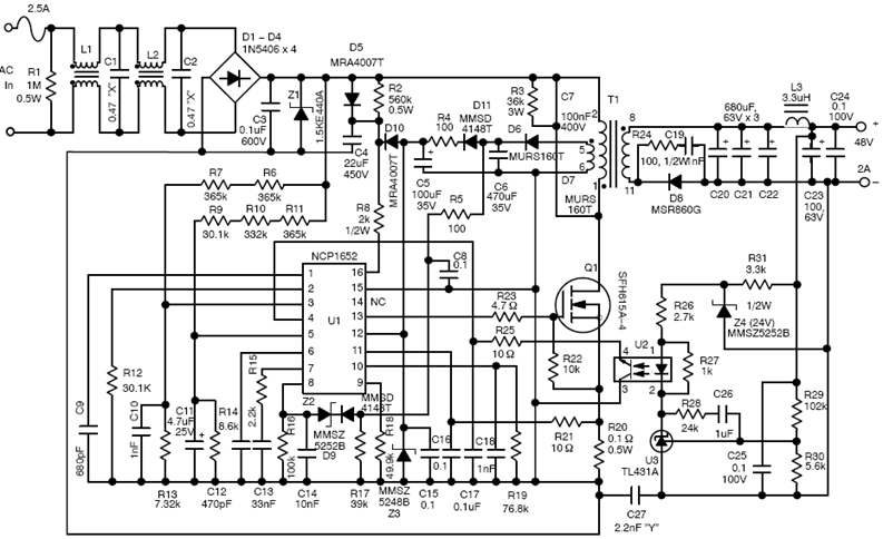 圖5：基於NCP1652單段式PFC控製器的50 W-150 W AC-DC LED方案