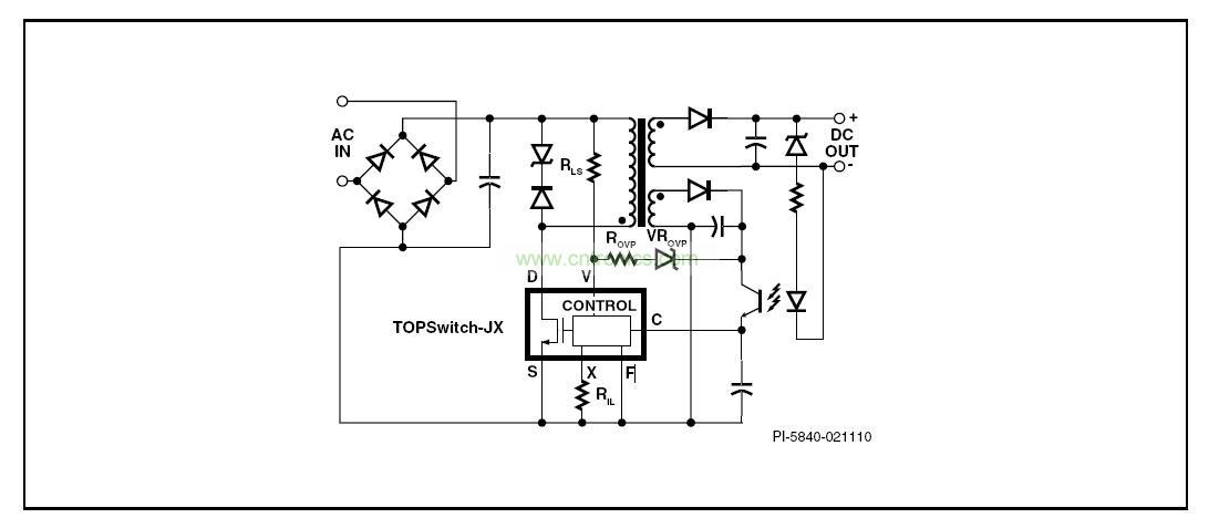圖 1. 具有初級檢測的輸出過壓保護、輸入欠壓鎖存、輸入過壓關斷及可設定流限值功能的典型TOPSwitch-JX反激式電源