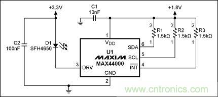 圖2：MAX44000典型電路，帶有發射器旁路