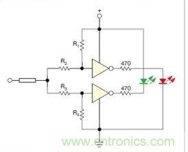 在雙門構成的CMOS/TTL兼容探頭中，R1至R4電阻網絡對反相器輸入端做偏置