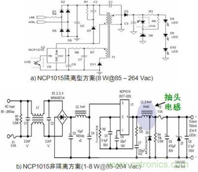 基於安森美半導體NCP1015的1至8W隔離型(a)及非隔離型(b) LED照明方案