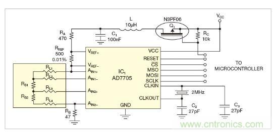 圖1：測量電路測三個點的值，微控製器就可以計算出傳感器值