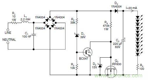 圖2：斬波工作類似圖1中的電路，但以較大的LED串聯電阻代替了恒流源，提供限流功能
