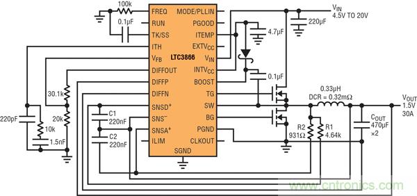 圖2：以非常低的DCR完成采樣的高效率、1.5V/30A降壓型轉換器