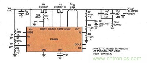 圖8：LTC4364 提供了針對過壓、短路或反向電壓的內置輸出端口保護功能