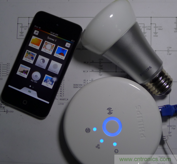 三個組合（控製盒、Hue 燈泡、iOS 的 APP）