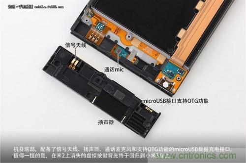 信號天線、揚聲器、麥克風以及支持OTG功能的Micro USB接口均位於底部