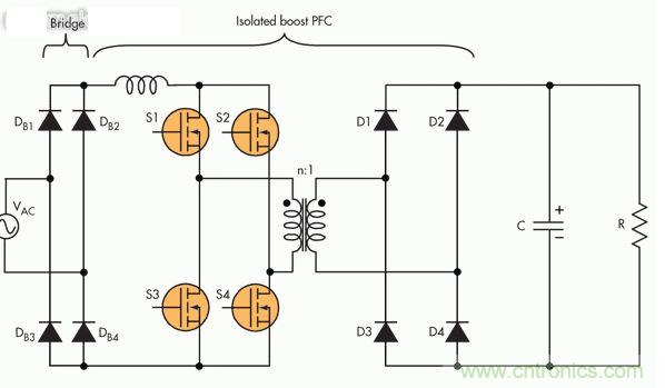 作為PFC控製器控製的升壓轉換器的全橋擴展可以提供隔離
