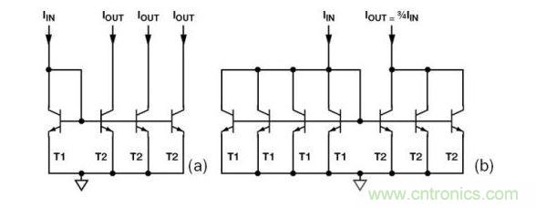 （a） 多級電流鏡 （b） 非整數比例電流鏡可將3個T2集電極結合起來，得到3IIN