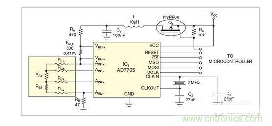 測量電路測三個點的值，微控製器就可以計算出傳感器值
