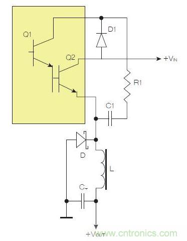為了實現用兩個元器件提升電源轉換效率，芯片上應有針對驅動器晶體管Q1集電極的單獨引腳。