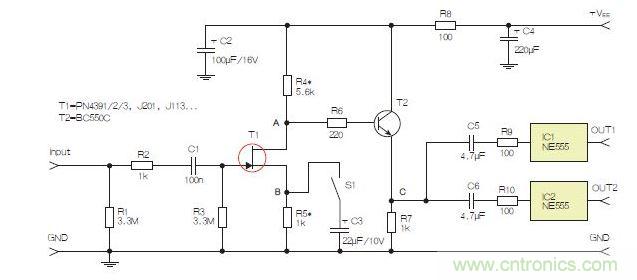 所示電路采用兩個工作在不同頻率下的555定時器，以獲取不同的音