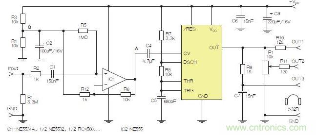 含運算放大器和NE555定時器的耳機和音頻線路驅動器。也可以使用CMOS版本(如LMC555)，但輸出電流較低。其優點為工作頻率較高。