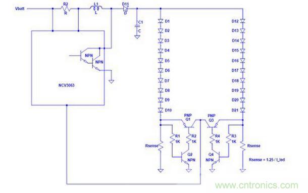 基於NCP3063 單個電流環路驅動多串LED