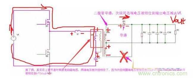 上管開通，注意諧振電感、勵磁電感、諧振電容的正負