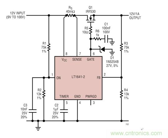 過壓瞬態保護器將輸出箝位在24V左右，如果輸入降至低於9V就斷接