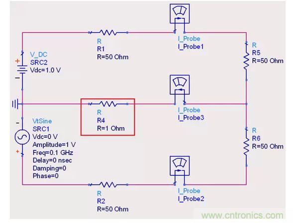 【導讀】說(shuo)實(shi)話(hua)，這(zhe)個(ge)問(wen)題(ti)也(ye)對(dui)高(gao)速(su)先(xian)生(sheng)造(zao)成(cheng)了(le)困(kun)擾(rao)。一(yi)直(zhi)都(dou)會(hui)有(you)人(ren)問(wen)回(hui)流(liu)的(de)交(jiao)疊(die)是(shi)否(fou)會(hui)造(zao)成(cheng)信(xin)號(hao)之(zhi)間(jian)的(de)幹(gan)擾(rao)，比(bi)如(ru)平(ping)麵(mian)的(de)上(shang)下(xia)走(zou)線(xian)重(zhong)疊(die)，回(hui)流(liu)路(lu)徑(jing)一(yi)樣(yang)時(shi)。通(tong)常(chang)會(hui)有(you)這(zhe)麼(me)幾(ji)種(zhong)回(hui)答(da)！  1.趨膚效應導致電流並沒有相交；  但是在1.2mil的銅厚的情況下，10MHz以上的信號才會出現明顯的趨膚效應。看來這個解釋並不合理。  2.信號在介質中傳遞，電磁場的耦合才會造成串擾；  這個說法沒錯，但是還是不能解開心中對電流走在同一條路徑上時，會不會造成相互之間幹擾的問題。  讓我們來做以下實驗，搭建一個拓撲如圖1所示： 1 圖1  環路1由一個DC1.0V供電，表示我們的受幹擾線，電流表1測量路徑1上的電流。  環路2由一個100MHz的AC1.0V供電，表示我們的幹擾源，電流表2測量路徑2上的電流。  電流表3測量回流路徑上的電流。  這樣一個結構，得到的結果是如何呢？如圖2所示： 2 圖2  可以看到，我們的被幹擾源就是一個幹淨的直線，雖然環路1和環路2在回流路徑上電流交疊，但是他們相互之間並不影響。其實這不就是基爾霍夫定律嗎。  有人會試圖從電磁場的角度來否定基爾霍夫定律在這裏的正確性，&ldquo;回流路徑也會產生電磁場，這些電磁場會與其他的回流路徑相互影響&rdquo;。但事實上是，回流路徑與回流路徑之間是沒有耦合途徑的，他們在同一個平麵上，沒有容性耦合，也沒有感性耦合。  那麼是否回流就不會影響我們的信號質量了呢？當然是會影響的。  其實在圖1的實驗中，筆者討了個巧，將地平麵各個短路點之間的阻抗當成了0，但實際上，地平麵的各個不同的點之間是有轉移阻抗的。讓我們模擬實際情況再看看圖3： 3 圖3  這時候我們假設我們的地平麵是有1&Omega;電阻的。（當然這是為了實驗效果，實際上地平麵阻抗並不會有這麼大），結果如圖4： 4 圖4  shide，ganraochuxianle。zhegeganraobingbushilaiziyuhuiliulujingzhijiandedianliuouhe，ershilaiziyuwomendipingmianbenshenyouyuyouzhuanyizukangdecunzai，daozhihuiliuliujingdipingmianshi，zaochengdipingmianbingbushiyigewanmeide0電平。  回流就是這樣幹擾我們的信號的，也就是我們所說的地彈。
