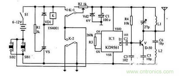 【導讀】suizhehuanbaoyishidezengqiang，diandongcheyidaliangjinruwomenjiating，chengweibufenrenbibukeshaodejiaotonggongju。ruhefangzhidiandongchebeidaozeshichezhushifenguanxindewenti，weici，chuxianlegeleidiandongchefangdaosuo。chucizhiwaine？haiyoushenmehaodefangfafangdaone？womenweidajiajieshaoyikuandiandongchefangdaobaojingqidianlutu。  geleidiandongchefangdaosuodaliangyongchu，danshi，diandongchebeidaoxianxiangrengcengchubuqiong，jiaogaojidediandongchefangdaosuozaiduanshijianneinanyipohuai，daozeibianjiangdiandongchebanshangqitacheliangshangdaozou，zheyang，zaigaojidefangdaosuoyexiandewunengweilile。jianyuci，womenweidajiajieshaoyikuandiandongchefangdaobaojingqidianlutu。 1 報警器發射機部分是由繼電器K和可控矽VS用來控製發射機電路的電源。IC1組成警聲信號電路。晶體管V及其外圍元件組成射頻振蕩電路，發射報警信號。  在等待狀態時，開關S1接通，而SB1斷開（即車頭鎖被鎖住），K就處在釋放狀態，報警發射機不工作。當車頭鎖被打開時（即SB1接通），VS被觸發導通，K吸合，接通發射機電源。SB1接通後，K-2的常開點將其自鎖，此時隻有斷開S1報警方能結束。在K動作時，其常閉觸點K-l斷開，切斷發動機點火電路。  接收機電路由TDA7010和開關功放TWH8778、TWH68組成。當IC2 收到報警信號時其互腳的高電平通過IC3經IC4放大由TWH15放出報警聲。但要考慮到頻率的穩定性，因為7010自身沒有頻率穩定電路，在工作時要多作檢測，最好用印製板和貼片元件。  按(an)上(shang)述(shu)操(cao)作(zuo)方(fang)法(fa)停(ting)放(fang)車(che)輛(liang)後(hou)，報(bao)警(jing)器(qi)即(ji)進(jin)入(ru)待(dai)報(bao)警(jing)狀(zhuang)態(tai)。在(zai)待(dai)報(bao)警(jing)期(qi)間(jian)，隻(zhi)要(yao)有(you)人(ren)無(wu)論(lun)用(yong)什(shen)麼(me)方(fang)法(fa)打(da)開(kai)車(che)頭(tou)鎖(suo)或(huo)搬(ban)移(yi)車(che)輛(liang)，都(dou)將(jiang)觸(chu)發(fa)報(bao)警(jing)器(qi)報(bao)警(jing)不(bu)停(ting)，並(bing)切(qie)斷(duan)發(fa)動(dong)機(ji)電(dian)源(yuan)使(shi)車(che)輛(liang)無(wu)法(fa)起(qi)動(dong)，直(zhi)至(zhi)車(che)主(zhu)人(ren)趕(gan)來(lai)將(jiang)點(dian)火(huo)鑰(yao)匙(chi)插(cha)入(ru)點(dian)火(huo)鎖(suo)內(nei)轉(zhuan)到(dao)關(guan)的(de)位(wei)置(zhi)，報(bao)警(jing)才(cai)能(neng)解(jie)除(chu)。