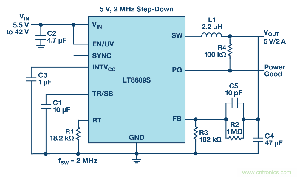 具 2.5 &mu;A 靜態電流和超低 EMI 輻射的 42 V、2 A/3 A 峰值同步降壓型穩壓器