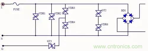 壓敏電阻和陶瓷氣體放電管抗雷擊浪湧電路 
