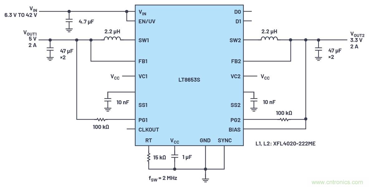 具有6.2 &micro;A靜態電流的雙通道、42 V、2 A、單片、同步降壓型Silent Switcher 2穩壓器