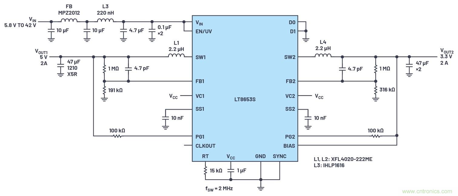 具有6.2 &micro;A靜態電流的雙通道、42 V、2 A、單片、同步降壓型Silent Switcher 2穩壓器