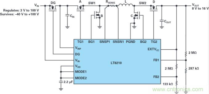 4開關降壓-升壓控製器，具備直通功能，可以消除開關噪聲