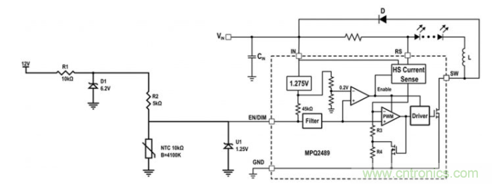 通過NTC電阻實現簡單的汽車調光LED溫度控製