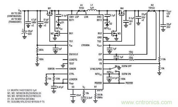 具有高效率和低 EMI並可調節高功率電壓和電流的降壓-升壓型控製器