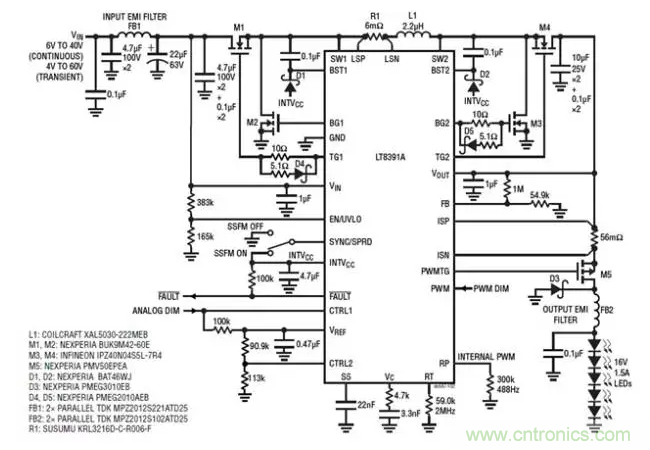 具有高效率和低 EMI並可調節高功率電壓和電流的降壓-升壓型控製器
