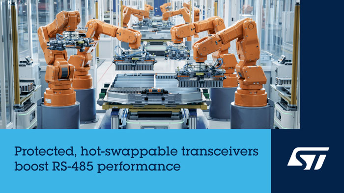 ST 的RS-485收發器兼備傳輸穩定性與速度，適用於工業自動化、智能建築和機器人